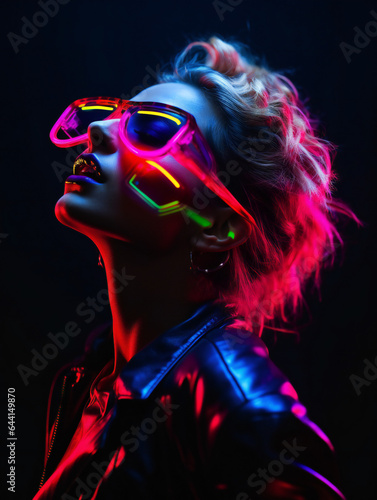 Partying woman portrait with neon style. Isolated black background..Generative AI.