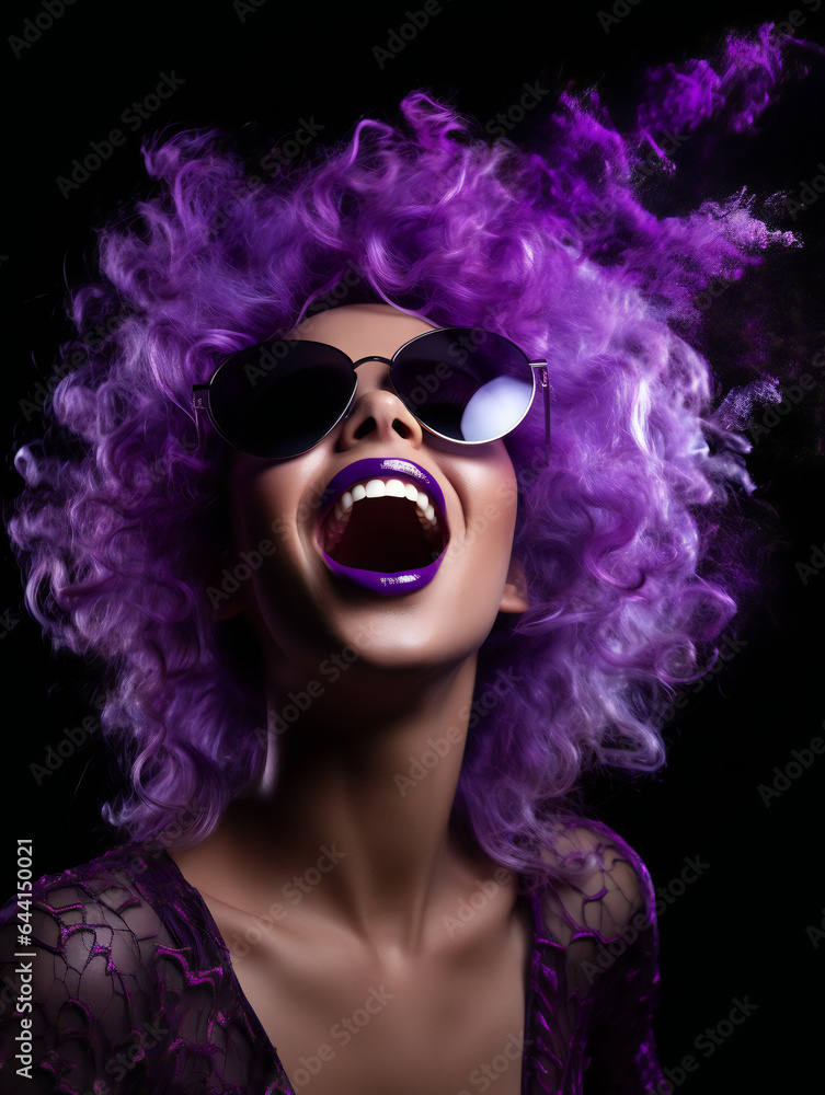 Partying woman portrait with purple style. Isolated black background..Generative AI.
