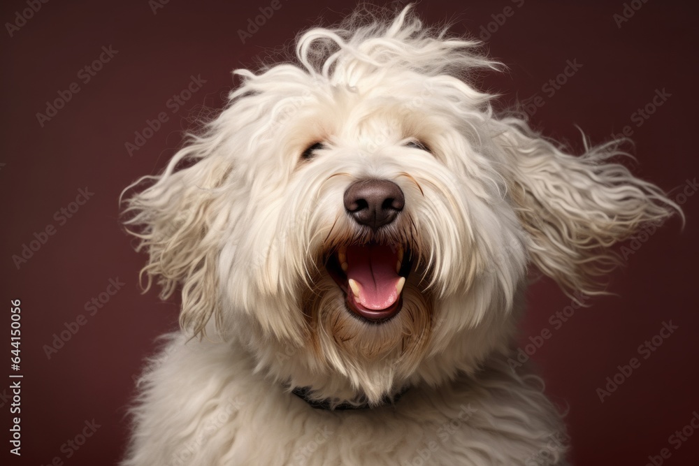 Headshot portrait photography of a smiling komondor dog wearing a sailor suit against a warm taupe background. With generative AI technology