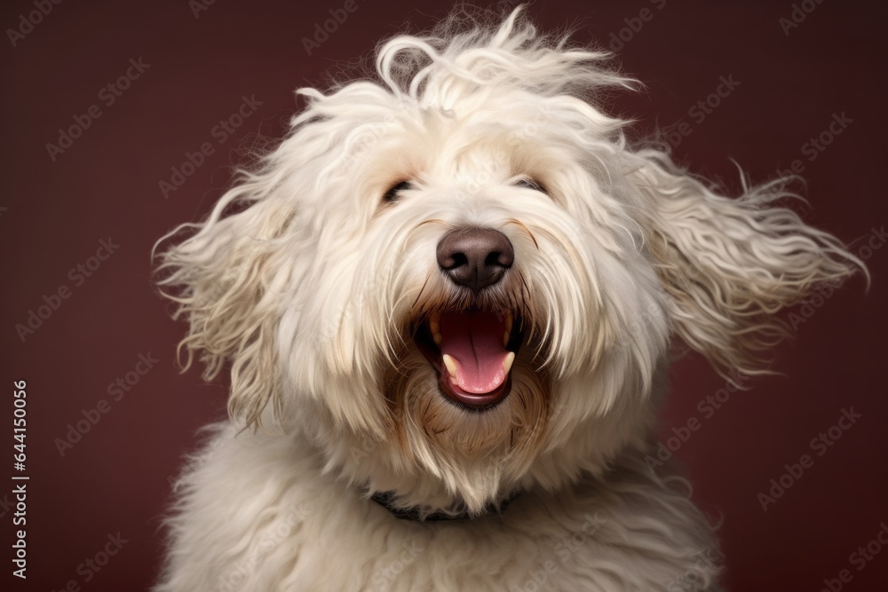 Headshot portrait photography of a smiling komondor dog wearing a sailor suit against a warm taupe background. With generative AI technology Headshot portrait photography of a smiling komondor dog wearing a sailor suit against a warm taupe background. With generative AI technology