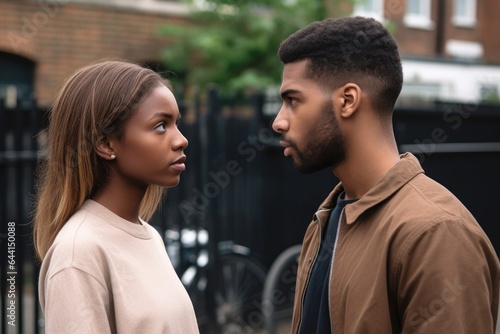 a young couple having a serious discussion while standing outside