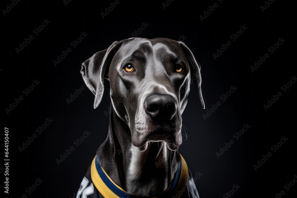 Headshot portrait photography of a happy great dane wearing a sports jersey against a cool gray background. With generative AI technology - obrazy, fototapety, plakaty 