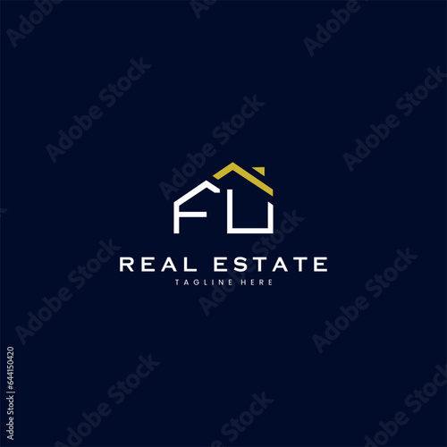 modern FU letter real estate logo in linear style with simple roof building in blue
