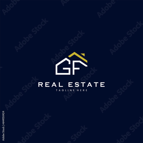 modern GF letter real estate logo in linear style with simple roof building in blue