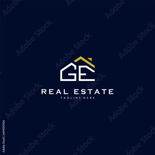 modern GE letter real estate logo in linear style with simple roof building in blue photo