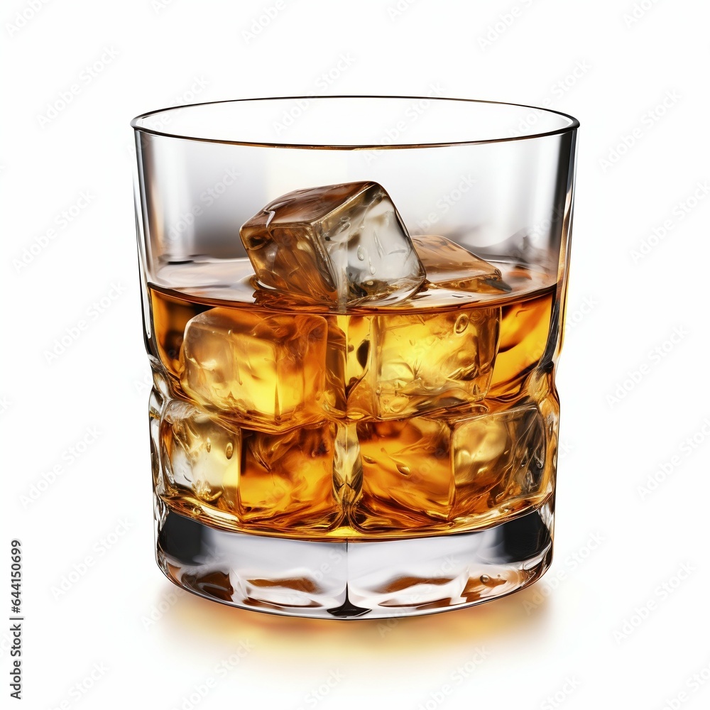 Whiskey with Ice Cubes in Glass Isolated on White Background. Generative ai