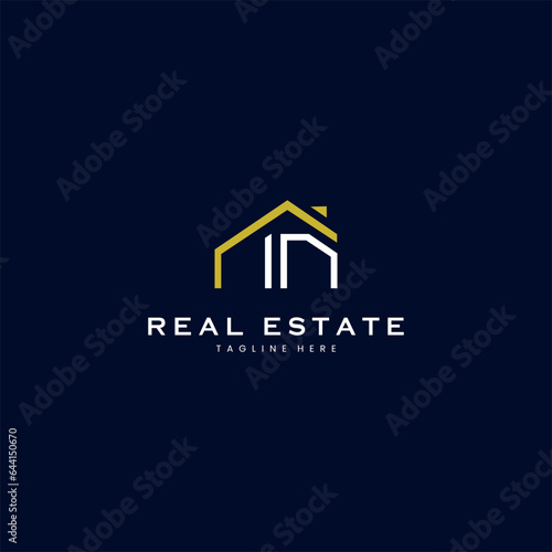 modern IN letter real estate logo in linear style with simple roof building in blue