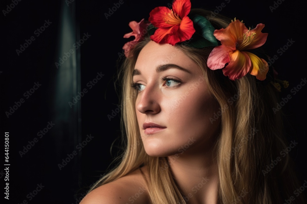 Naklejka premium a beautiful young woman wearing a flower in her hair