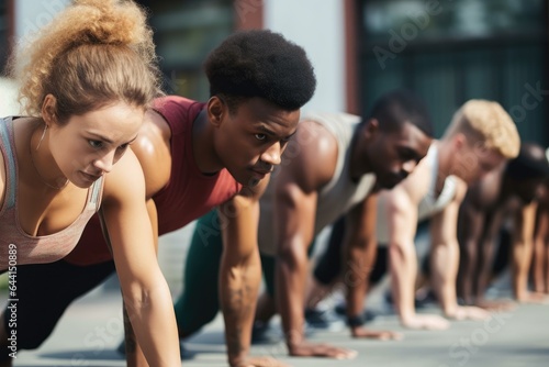 cropped shot of a group of people doing pushups together