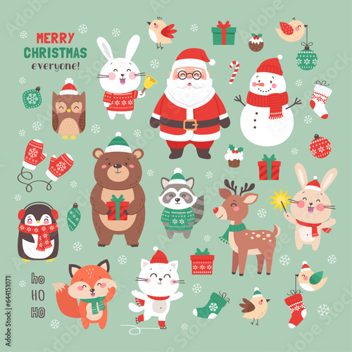 Christmas collection. Vector set of holiday icons and characters. Santa, snowman and cute animals. Kids illustration for Christmas time.