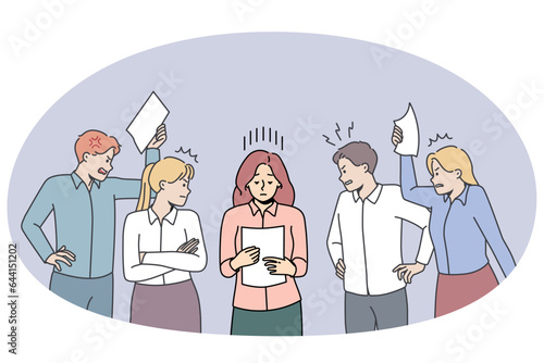 Stressed exhausted businesswoman among unhappy demanding colleagues in office. Woman employee feel overworked annoyed with coworkers. Burnout concept. Vector illustration.