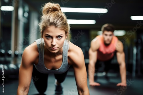 portrait of a young woman doing some pushups while working out with her personal trainer at the gym