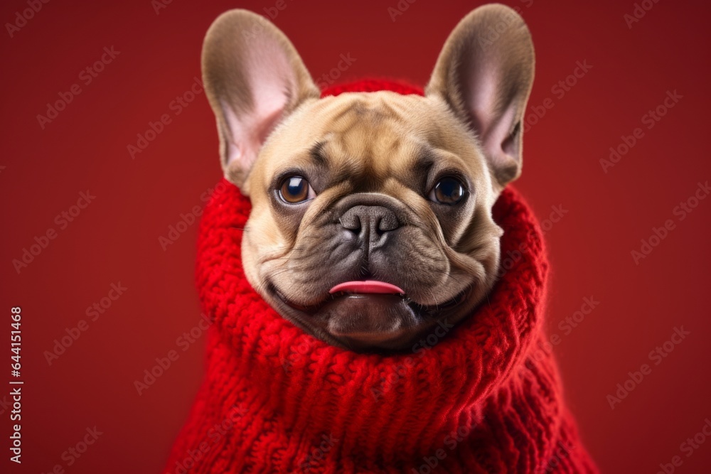 Close-up portrait photography of a smiling french bulldog wearing a snood against a ruby red background. With generative AI technology