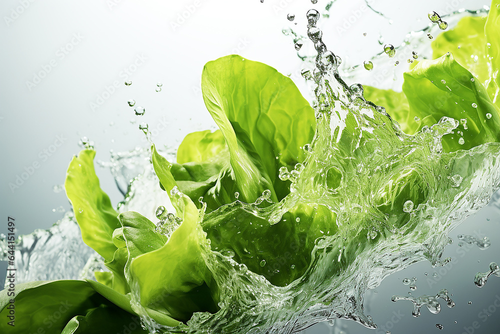 Lettuce, splash of water, high key photo - Generative AI