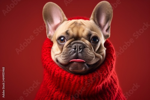 Close-up portrait photography of a smiling french bulldog wearing a snood against a ruby red background. With generative AI technology © Markus Schröder