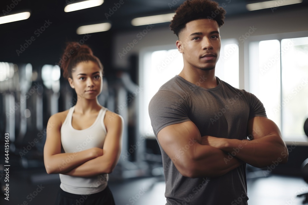 shot of a young man and woman crossing their arms during a workout at the gym shot of a young man and woman crossing their arms during a workout at the gym