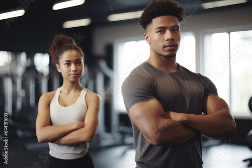 shot of a young man and woman crossing their arms during a workout at the gym © altitudevisual