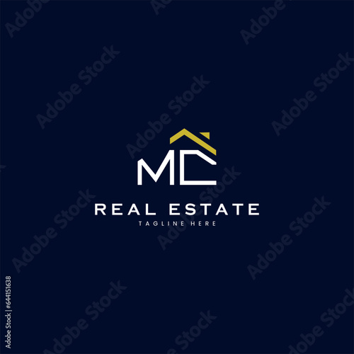modern MC letter real estate logo in linear style with simple roof building in blue