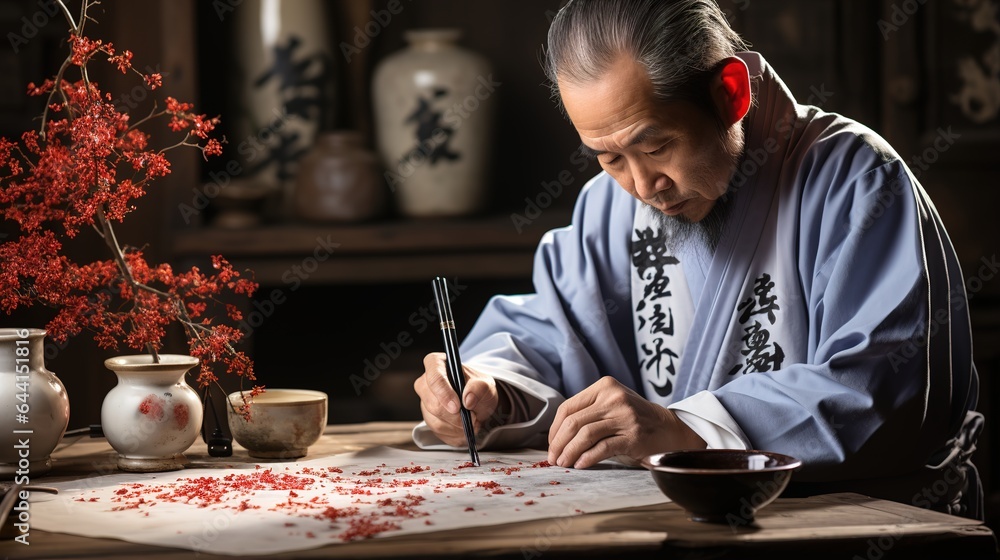 Fototapeta premium Japanese man demonstrates writing kanji. Art, tradition
