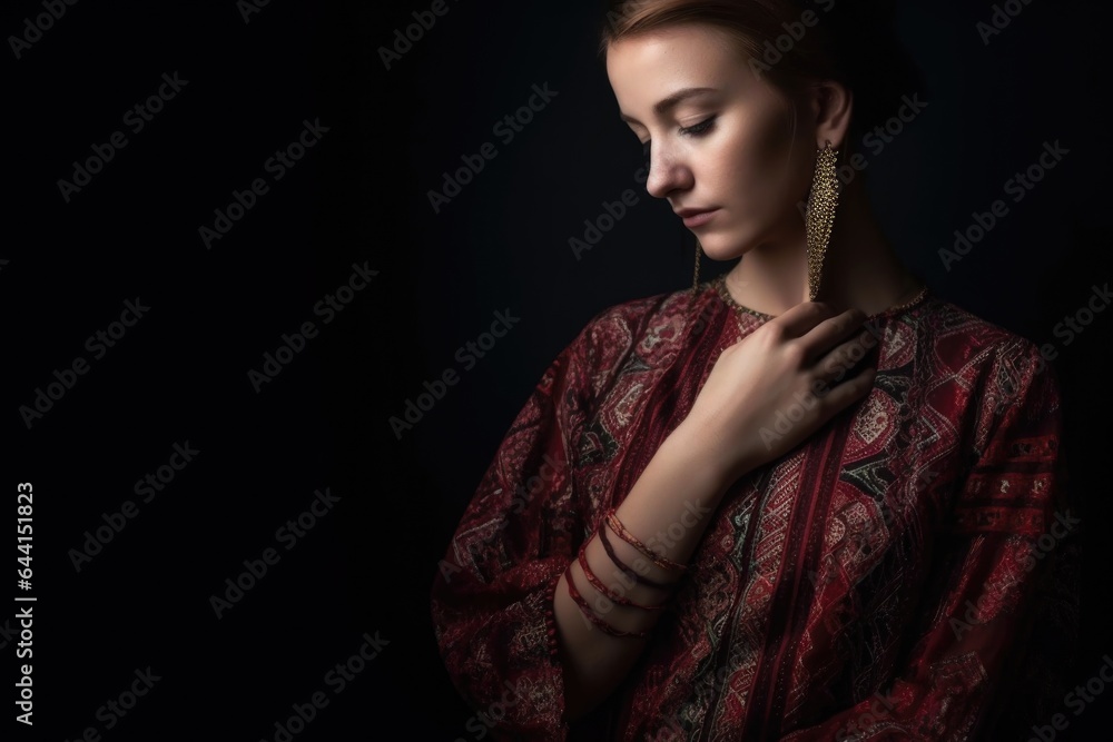 cropped studio shot of a woman wearing an attractive dress with interesting patterns cropped studio shot of a woman wearing an attractive dress with interesting patterns