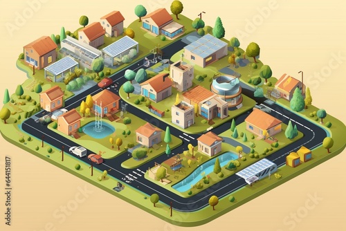 Sustainable town showcased in isometric perspective. Generative AI