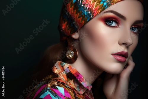 closeup of a beautiful woman wearing colorful makeup and patterned clothing