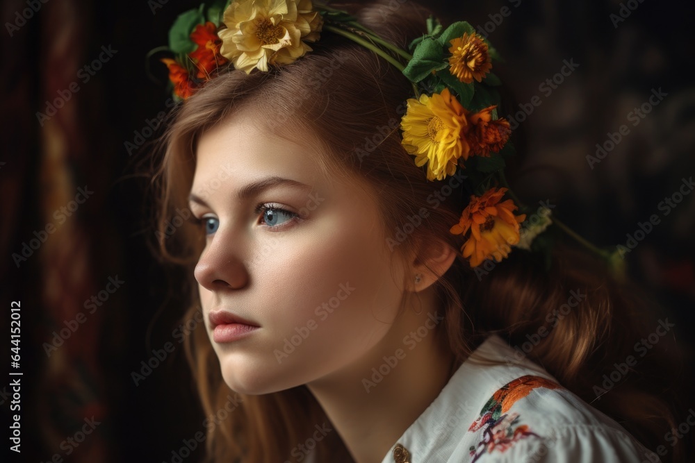 a young woman with flowers in her hair