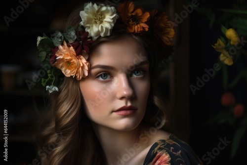a young woman with flowers in her hair