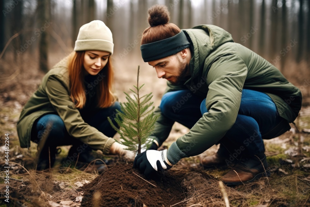 shot of a young man and woman working together to plant trees in the forest shot of a young man and woman working together to plant trees in the forest