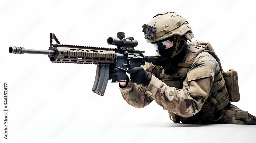 Military Soldier Aiming Rifle Isolated on White. Generative ai Military Soldier Aiming Rifle Isolated on White. Generative ai