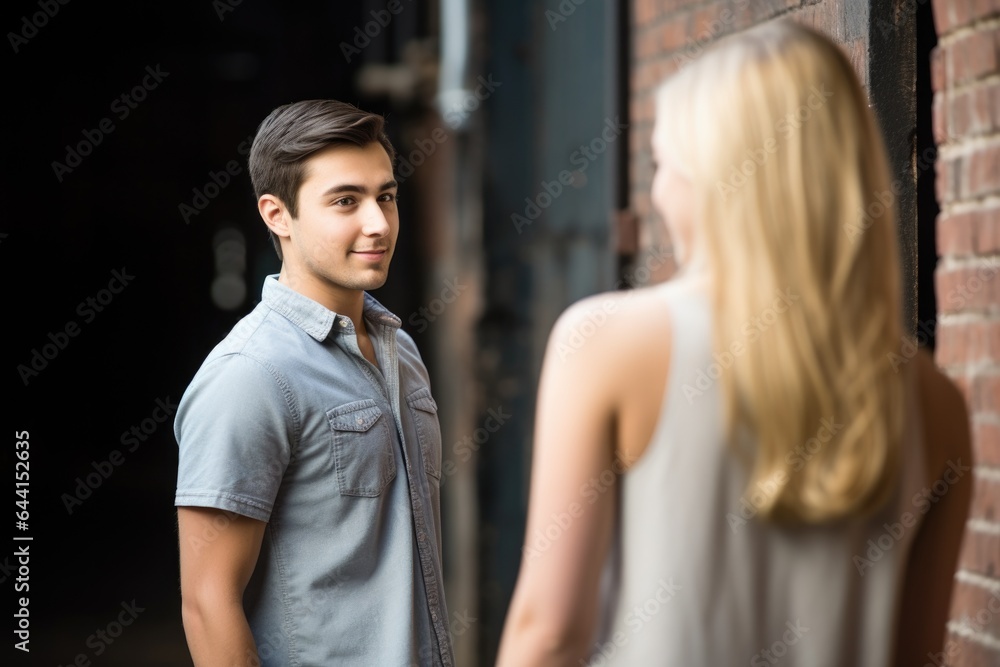 an attractive young man approaching a girl to ask her out
