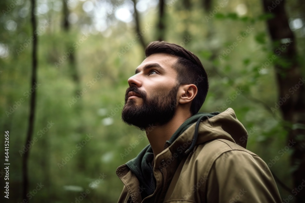 shot of a young man observing nature while standing in the forest