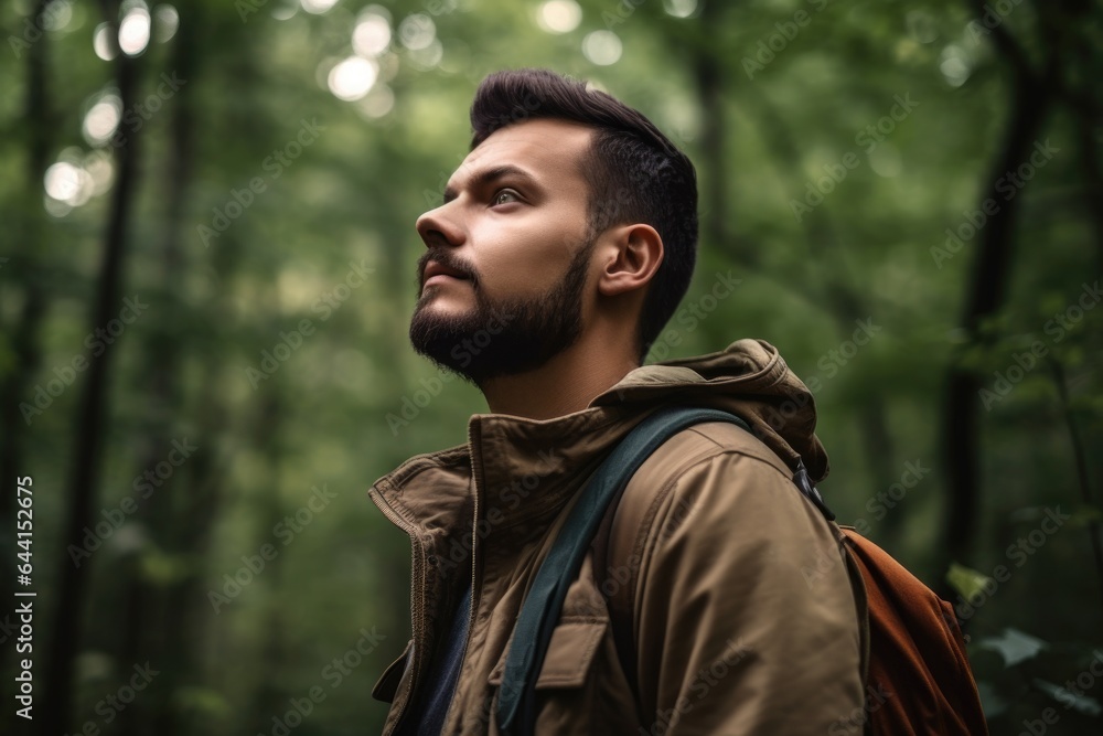 shot of a young man observing nature while standing in the forest