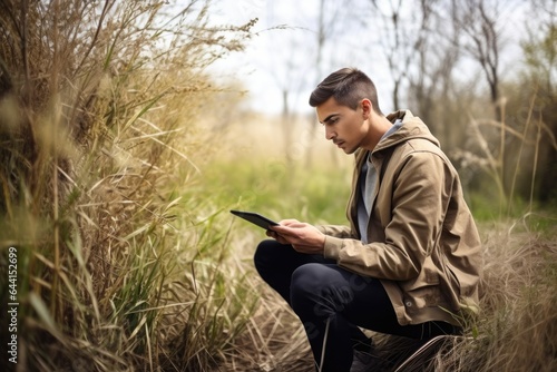 shot of a young man using a digital tablet while working at nature reserve