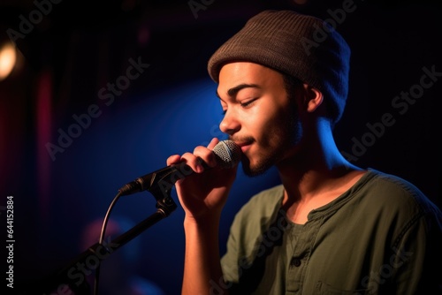 shot of a young man on stage performing at an open mic night