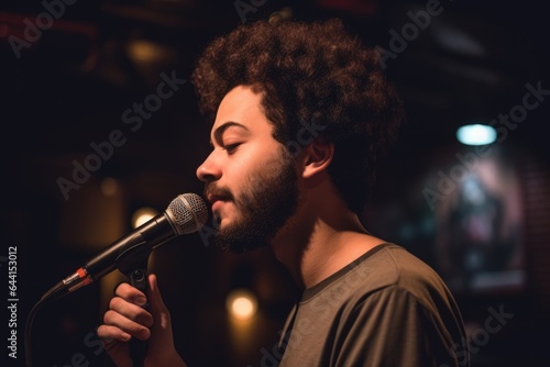 a closeup of a guy holding his mic while performing at an open mic night