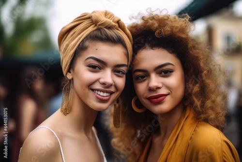 portrait of two attractive young women posing together while standing outside at a friend's event