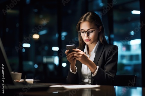 shot of a young businesswoman using her smartphone during a late night at work © altitudevisual