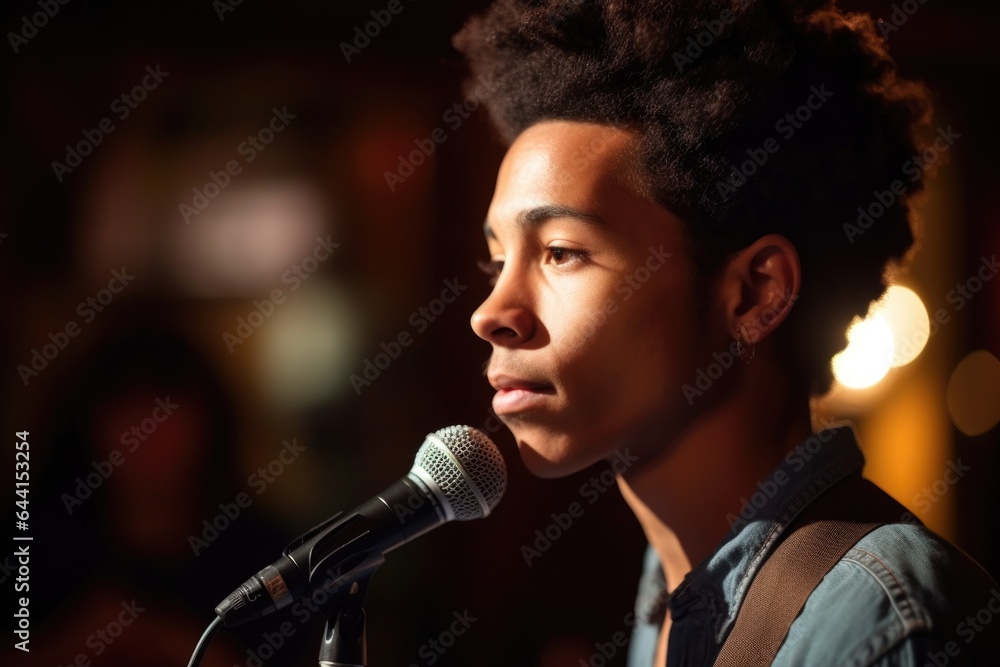 cropped shot of a handsome young performer at an open mic event cropped shot of a handsome young performer at an open mic event