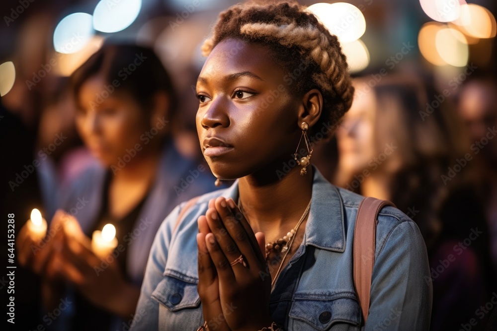 shot of a young woman joining her hands in solidarity at an event shot of a young woman joining her hands in solidarity at an event