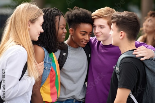 shot of a group of young queers standing together in a huddle