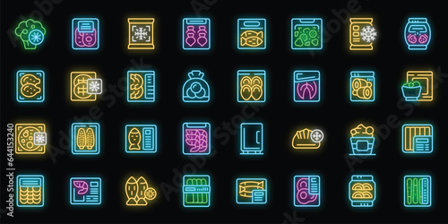 Frozen food icons set outline vector. Bag meat. Product plastic neon color on black