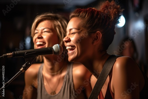 a shot of a lesbian couple enjoying the performances at an open mic event