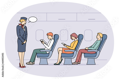 Stewardess talking with passengers on plane. Aircraft staff serving people onboard of aircraft. Aviation service. Vector illustration.
