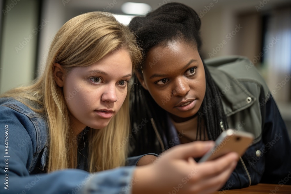 shot of two young women looking at a smart phone during an allyship training workshop shot of two young women looking at a smart phone during an allyship training workshop