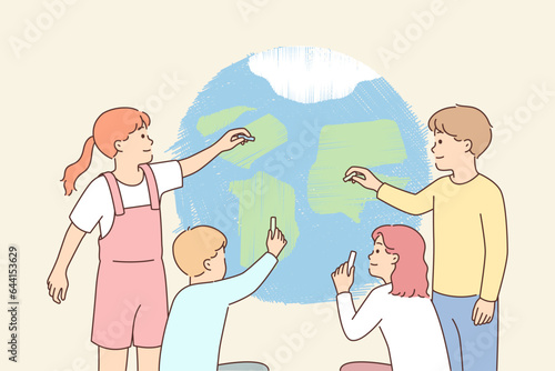 Kids draw planet together, doing teamwork to protect nature and save environment from climate change