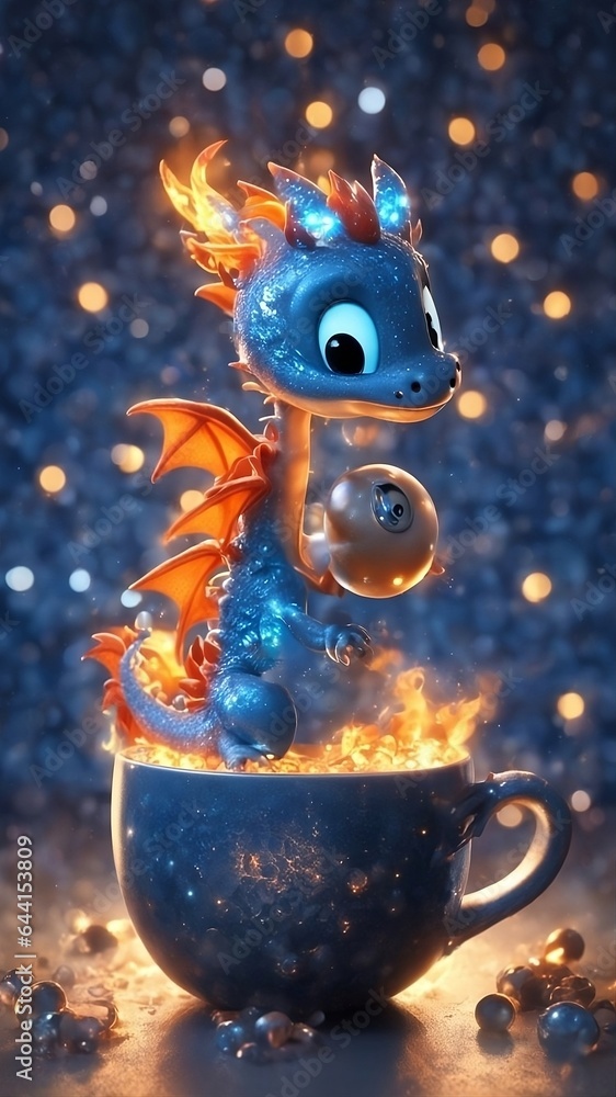 blue baby dragon with golden wings, sitting in a tea cup of fire holding a pearl