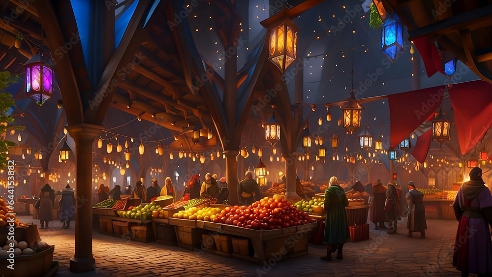 the medieval farmers market at night, illuminated by lanterns 