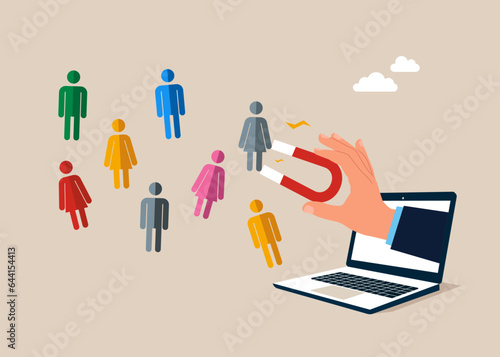 Computer using magnet to magnetize employee recruitment or customer. Flat vector illustration