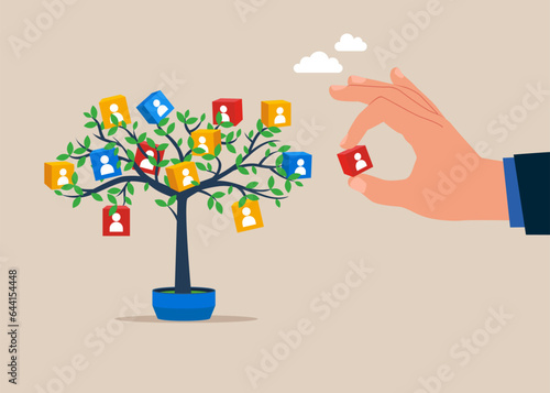 Tree with people icons. Employee recruitment. Attracting and generating income with marketing.  Flat vector illustration